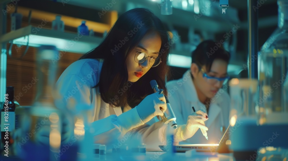 Poster researchers from east asia and caucasus work on laptops and analyze data with microscopes. advanced 