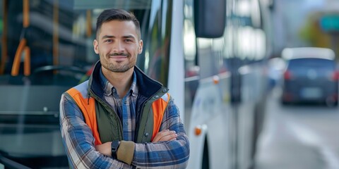 A proud bus driver in uniform stands confidently in front of his bus with an urban background