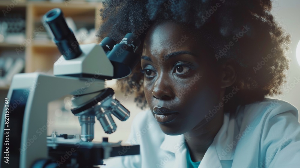 Aufkleber portrait of a beautiful black scientist looking under a microscope at a test sample he is analyzing.