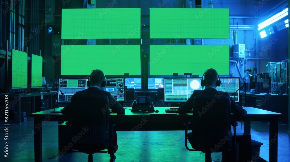 Poster the modern monitoring office has two digital computers displaying a mock up chromakey in a green bac