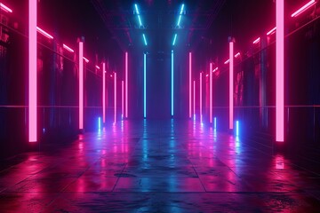 3d technology abstract neon light background, empty space scene, spotlight, dark night, virtual reality, cyber futuristic sci-fi background, street floor studio for mock up -