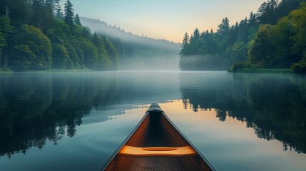  A serene lake surrounded by lush forests reflecting the sky, a canoe floating gently in the middle, mist rising at dawn. 