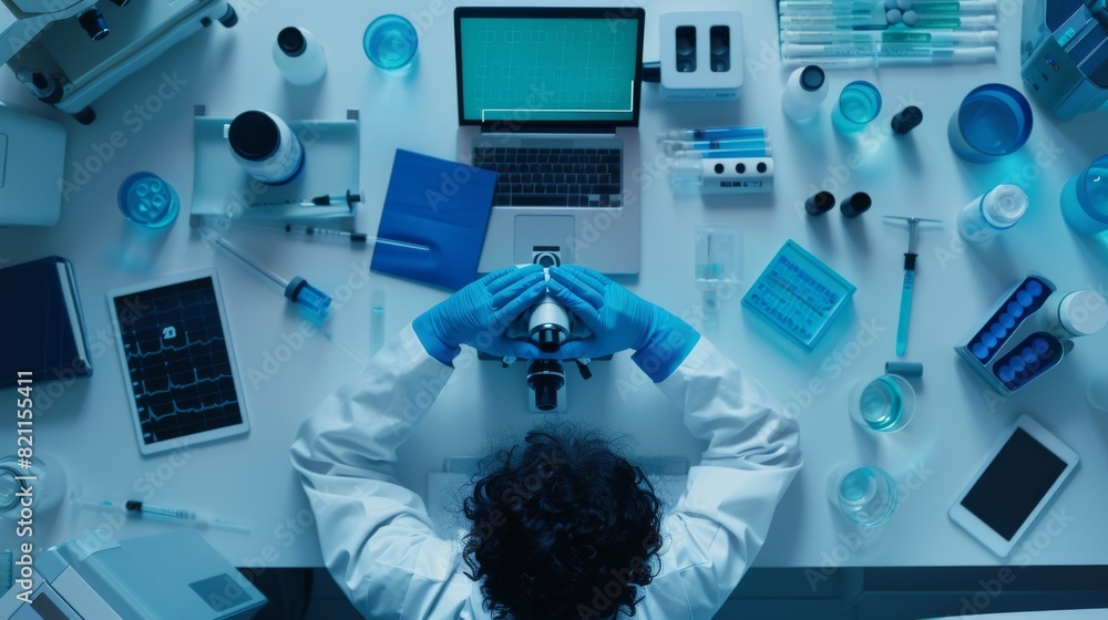 Poster doctor using modern microscope and digital tablet with green mock-up template screen working behind 