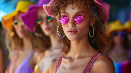 Fototapeta premium fashion show with beautiful stylish young female models with sunglasses in fine casual colorful outfits . 