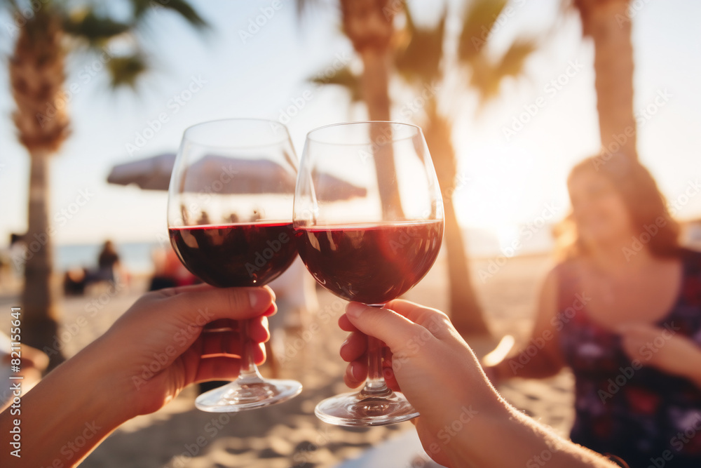 Wall mural a group of friends hands toasting with red wine glasses during in a winery with a beach background during the day, a happy celebration concept