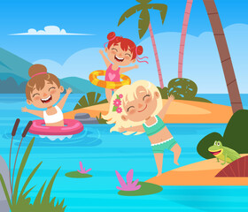 Kids swimming boys and girls in swimsuit fan on the beach cartoon background