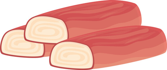 Cartoon image of three red and white deli meat sticks, isolated on white background