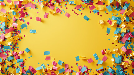 A dynamic confetti-filled frame with room for your personalized text, offering an energetic and festive backdrop for your advertisements or promotional materials on solid yellow background,