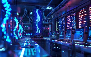 Produce a detailed image of a cuttingedge bioinformatics lab with computers analyzing DNA sequences and 3D genome models