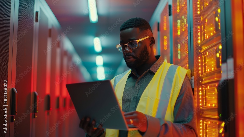 Poster high visibility vest worn by data center engineer using laptop computer. black male system administr