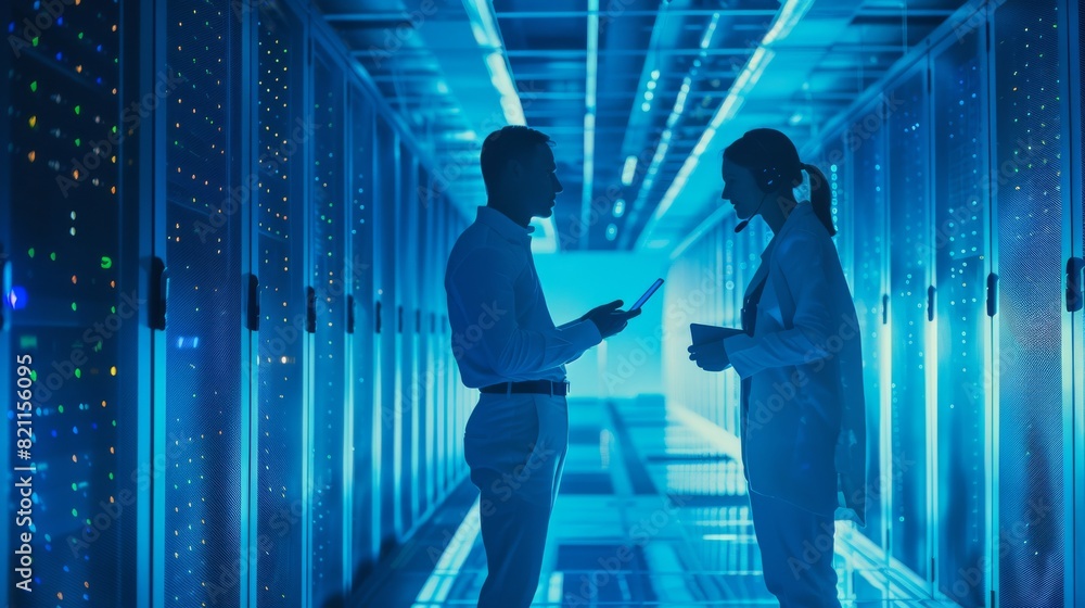 Poster a data center female system administrator and a male it specialist discuss cybersecurity in a cloud 