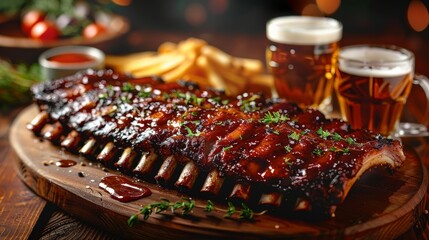 ribs bbq in restaurant whit two bootle of beer and glass full of beer with foam, wooden table