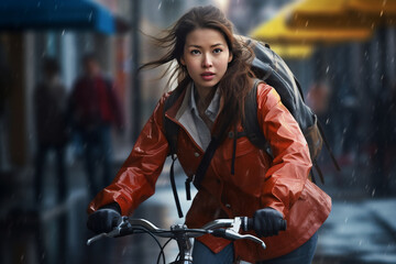 A beautiful young adult of Mongolianformal woman riding her bicycle to work, a backside portrait of a woman commuting on a bicycle on a rainy day in an urban street at mid-day