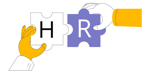 Hands make puzzles with the letters HR. Vector illustration