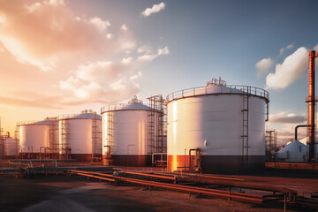 Obraz premium Close up of oil and gas terminal storage tanks of industrial plant or industrial refinery factor with a clear sky at sunset; in a forest environment the future of energy