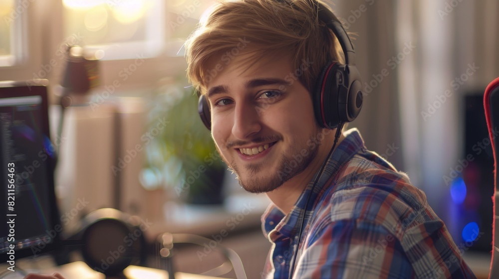 Poster portrait of an it programmer wearing headphones working on desktop computer. web developer, software