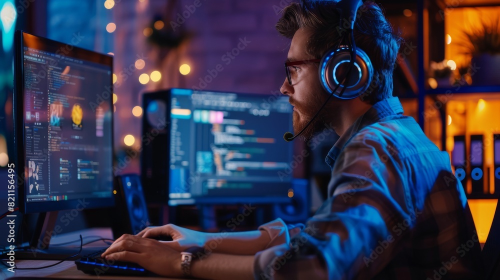 Poster an office worker wearing headphones uses a desktop computer while listening to music and podcasts. a