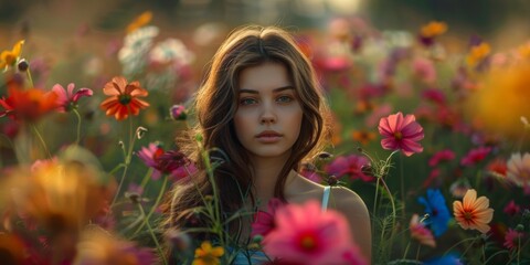 Naklejka premium a beautiful young woman in flower garden, facing forward, long hair