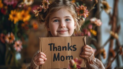 cute little girl holding in her hands a cardboard inscription “Thank you, mom”