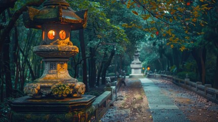 an outdoor park with the warm glow of a Chinese-style garden lamp, adorned in dark green and bronze hues, featuring classical architectural motifs on its base reminiscent of traditional lanterns.