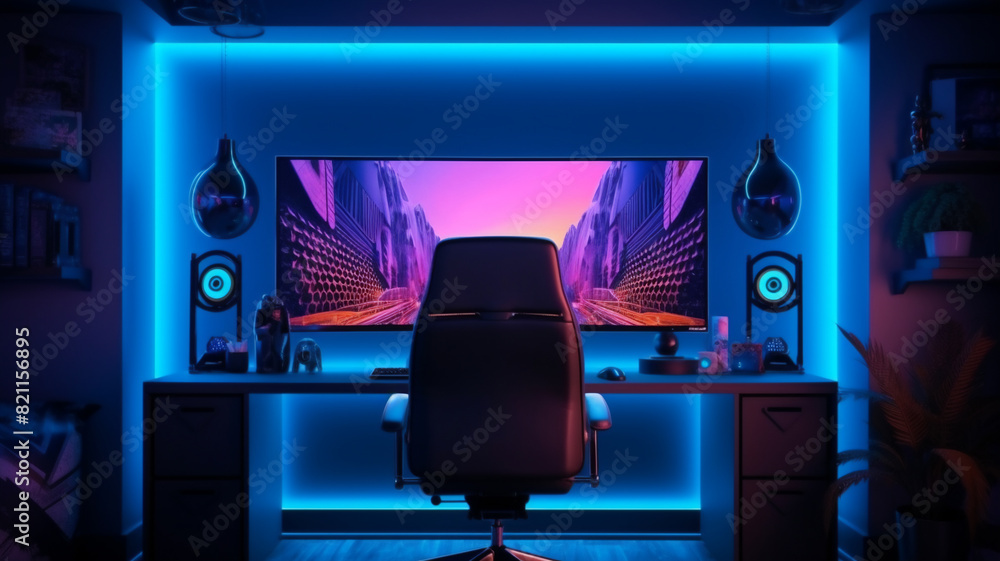 Poster a gaming room setup with a computer that has one screen a minimalist and light room with neon light 