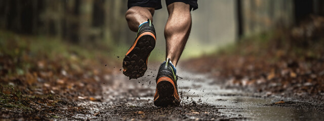 male or man Caucasian trail runner running on a forest path with a close-up of the trail running shoes during a rainy day