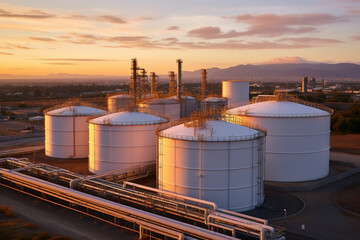 Aerial view of oil and gas terminal storage tanks of industrial plant or industrial refinery factor with a clear sky at sunset; the future of energy