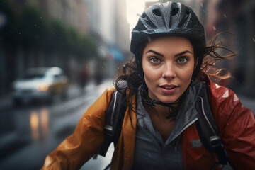 A beautiful young adult of Latin hipster woman riding her bicycle to work, a frontside portrait of a woman commuting on a bicycle on a rainy day in an urban street at mid-day