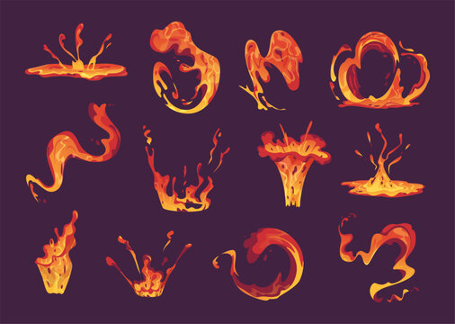 Lava splashes. Bulbs of burning liquid flowing volcano lava exact vector cartoon yellow animation templates