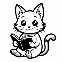 line-art-of-vintage-a-cute-cat-reading-book--in-bl