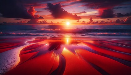 A Red Sand Beach at sunset with wet sand