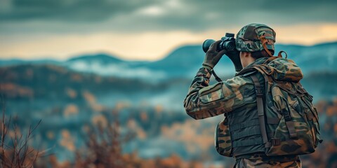 A camouflaged soldier with binoculars scouts the terrain in a mountainous landscape, highlighting military reconnaissance - Powered by Adobe