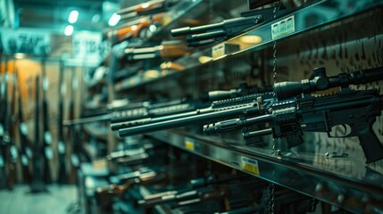 A gun store with a variety of guns on display
