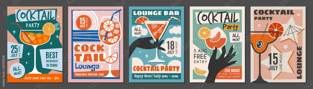 Sticker Alcohol party. Poster invitation for cocktails party recent vector templates placards for night club