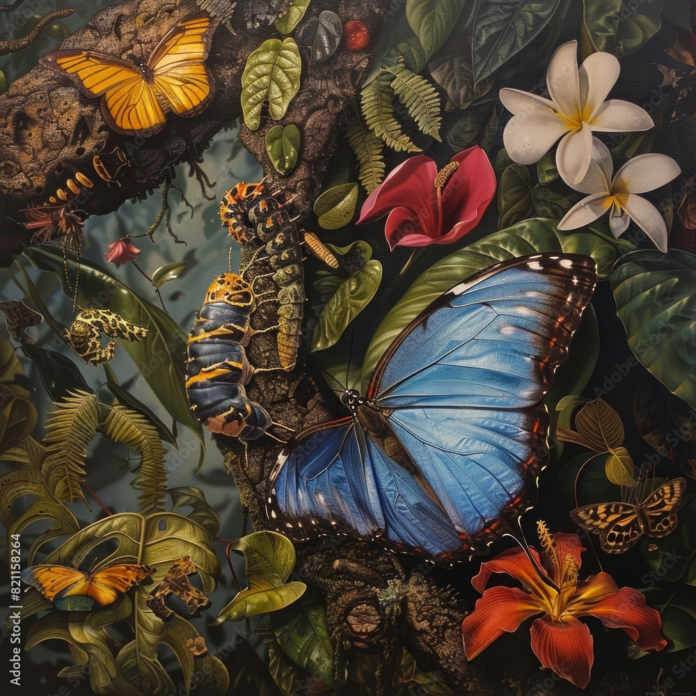 Wall mural A painting of a butterfly with a blue body and orange wings