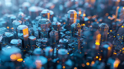 Illustrate a conceptual cityscape composed of intricate hexagonal structures, representing the complexity and interconnectedness of data systems.