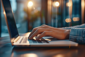employee's hands typing on a keyboard in a modern office