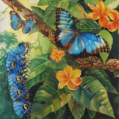 A painting of a butterfly and a caterpillar on a branch