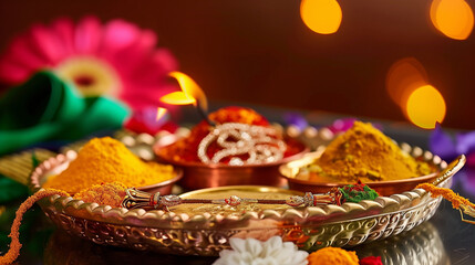 A decorative plate with traditional Indian powders, a burning lamp, and a beautifully crafted rakhi, set against a festive background with bokeh lights