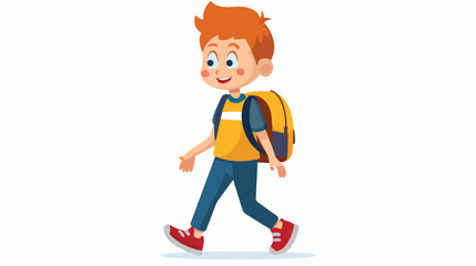 Cute little smiling boy walking with backpack. Funny