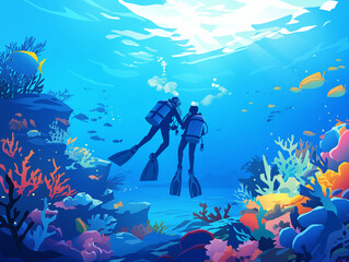 Two scuba divers explore a vibrant coral reef teeming with colorful fish and marine life. Sunlight filters through the clear blue water, illuminating the underwater scene.