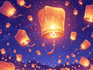 Numerous glowing lanterns ascend into the starry night sky, creating a mesmerizing and serene atmosphere. The lanterns illuminate the dark with their warm