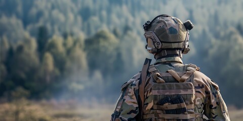 Fototapeta premium The back view of a camouflaged soldier gazing towards a dense forest, depicting military vigilance and strategy