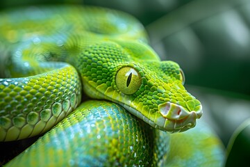 Naklejka premium A green serpent with a yellow eye