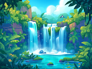 A vibrant tropical waterfall cascades into a clear, turquoise pool surrounded by lush, green foliage
