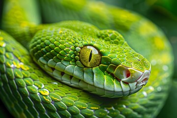 A green serpent with a yellow iris