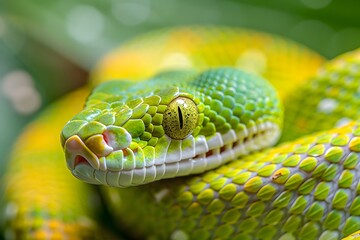 Fototapeta premium A green serpent with a yellow iris