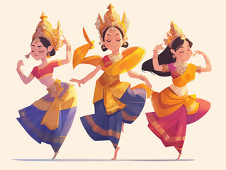 Three girls in traditional Thai costumes perform a graceful dance. They wear ornate golden headdresses and vibrant, intricately patterned outfits