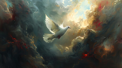 A white dove soars against a dark sky, pierced by faint sunbeams amidst heavy clouds, symbolizing hope and resilience in adversity, captured in a serene moment