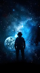Fantastic background with a spaceman in the  blue color galaxy with earth planet.